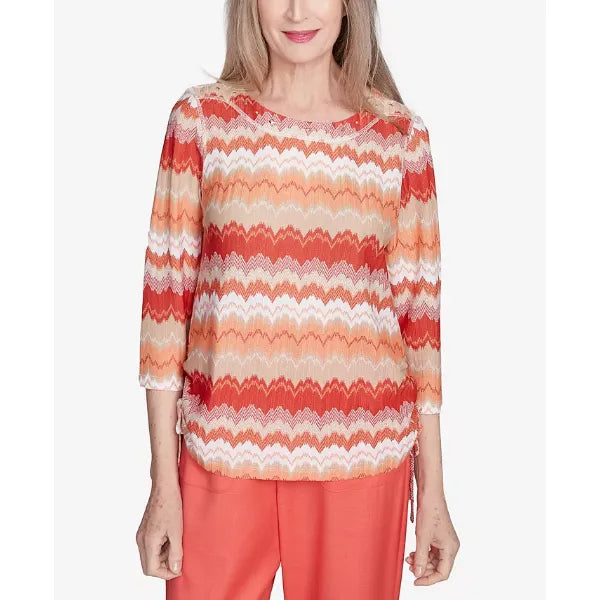 Alfred Dunner Women's Catalina Island Modern Chevron Drawstring Top, Tangerine Multi