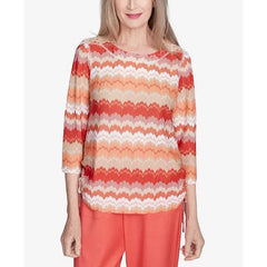 Alfred Dunner Women's Catalina Island Modern Chevron Drawstring Top, Tangerine Multi