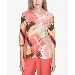 Alfred Dunner Women's Catalina Island Colorful Patchwork Top, Tangerine Multi