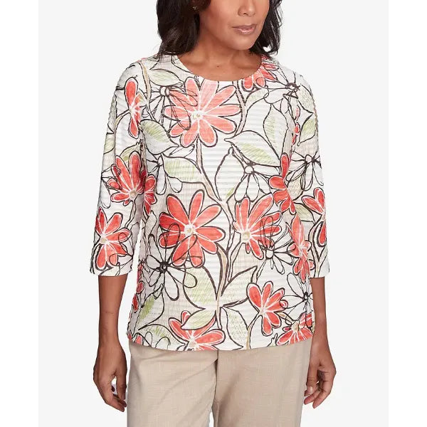 Alfred Dunner Women's Catalina Island Bold Island Floral Textured Top, Tangerine Multi