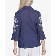 Alfred Dunner Women's Nantucket Embroidered Marine Button Front Top, Marine Blue