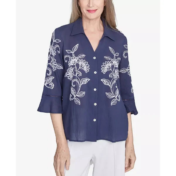 Alfred Dunner Women's Nantucket Embroidered Marine Button Front Top, Marine Blue