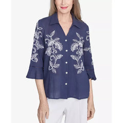 Alfred Dunner Women's Nantucket Embroidered Marine Button Front Top, Marine Blue