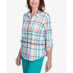 Alfred Dunner Women's Nantucket Plaid Knit Button Front Top, Marine Multi