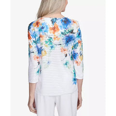 Alfred Dunner Women's Nantucket Textured Floral Neckline Top, Marine Multi