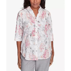 Alfred Dunner Women's Estate of Mind Collared Button Front Hydrangea Top, Multi Pink