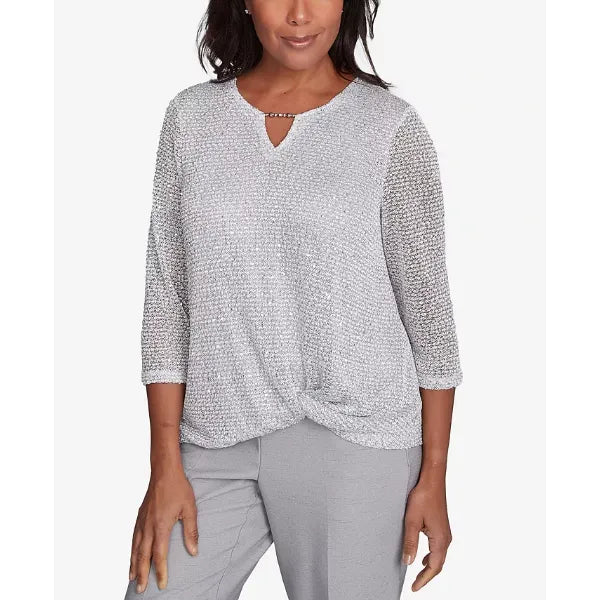 Alfred Dunner Women's Estate of Mind Sequin Beaded Split Neck Top, Dove Grey
