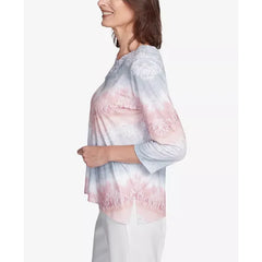 Alfred Dunner Women's Estate of Mind Chevron Lacey Three Quarter Sleeve Top, Multi Pink