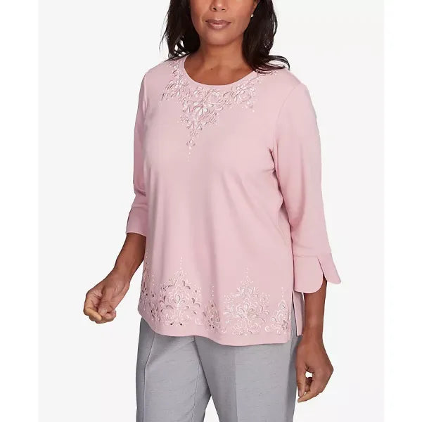 Alfred Dunner Women's Estate of Mind Lace Cutout Split Sleeve Top, Pink , Size small