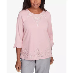Alfred Dunner Women's Estate of Mind Lace Cutout Split Sleeve Top, Pink , Size small