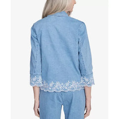 Alfred Dunner Womens Flower Power Denim Floral Embroidered Jacket, Casual Jean Jacket with Floral Design