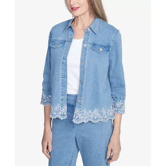 Alfred Dunner Womens Flower Power Denim Floral Embroidered Jacket, Casual Jean Jacket with Floral Design