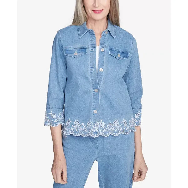 Alfred Dunner Womens Flower Power Denim Floral Embroidered Jacket, Casual Jean Jacket with Floral Design