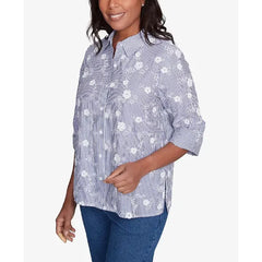 Alfred Dunner Women's Flower Power Striped Breezy Floral Applique Top, Blue