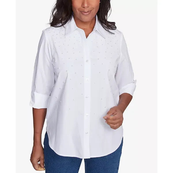 Alfred Dunner Women's Flower Power Studded Button Down Top , White