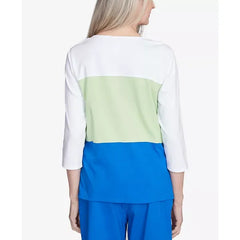 Alfred Dunner Women's Parrot Cay Tropical Colorblock Floral Top, Cobalt Multi