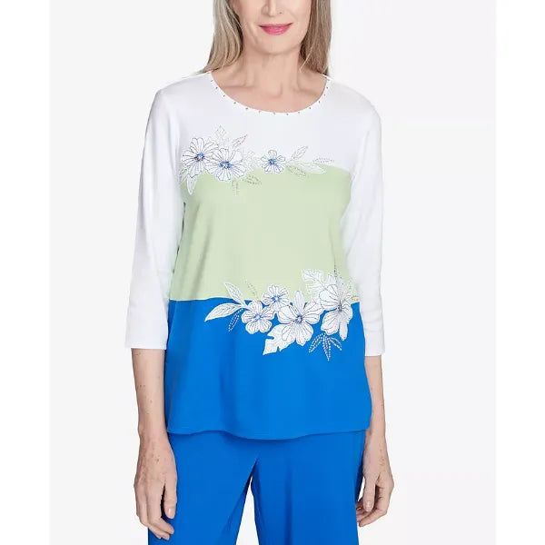 Alfred Dunner Women's Parrot Cay Tropical Colorblock Floral Top, Cobalt Multi