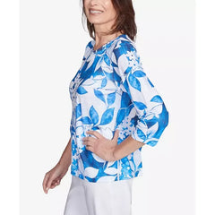 Alfred Dunner Women's Parrot Cay Monotone Cobalt Floral Top, Cobalt Blue