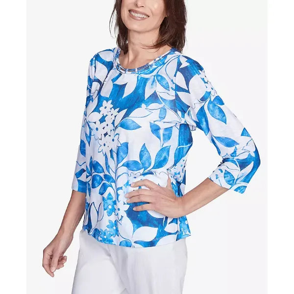Alfred Dunner Women's Parrot Cay Monotone Cobalt Floral Top, Cobalt Blue