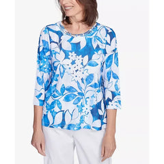 Alfred Dunner Women's Parrot Cay Monotone Cobalt Floral Top, Cobalt Blue