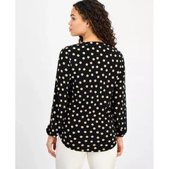 Anne Klein Petite Printed Split Neck Long Sleeve Top, Versatile Lightweight Blouse for Office or Everyday Wear