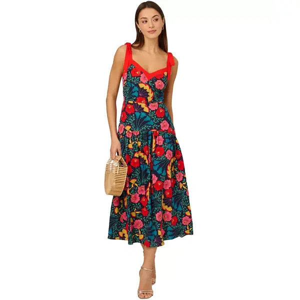 Adrianna Papell Womens Floral Print Bow Strap Midi Dress Elegant Stylish for Special Occasions, Navy Multi