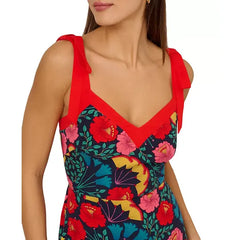Adrianna Papell Womens Floral Print Bow Strap Midi Dress Elegant Stylish for Special Occasions, Navy Multi