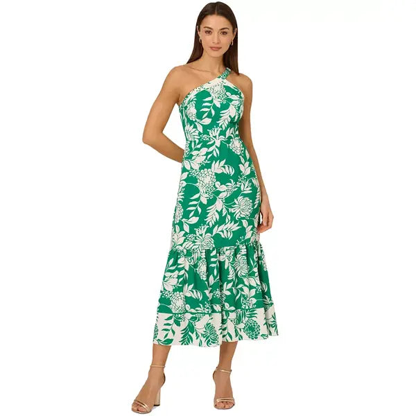 Adrianna Papell Womens Printed One Shoulder Midi Dress, Elegant and Flattering Style for Special Occasions
