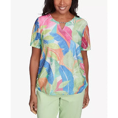 Alfred Dunner Petite Parrot Cay Textured Tropical Beaded Neck Top, Multi Green