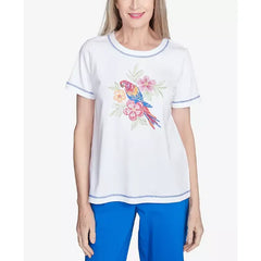 Alfred Dunner Petite Parrot Cay Parrot Centered Short Sleeve Top, White