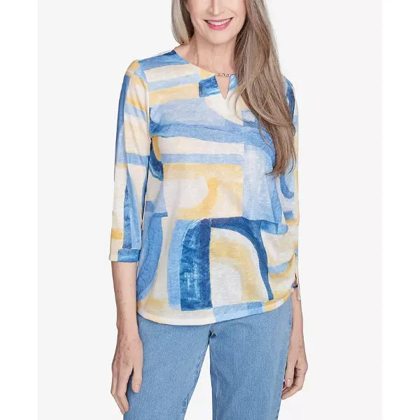 Alfred Dunner Petite Flower Power Watercolor Patchwork Geometric Top, Multi Blue