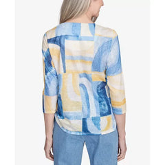 Alfred Dunner Petite Flower Power Watercolor Patchwork Geometric Top, Multi Blue
