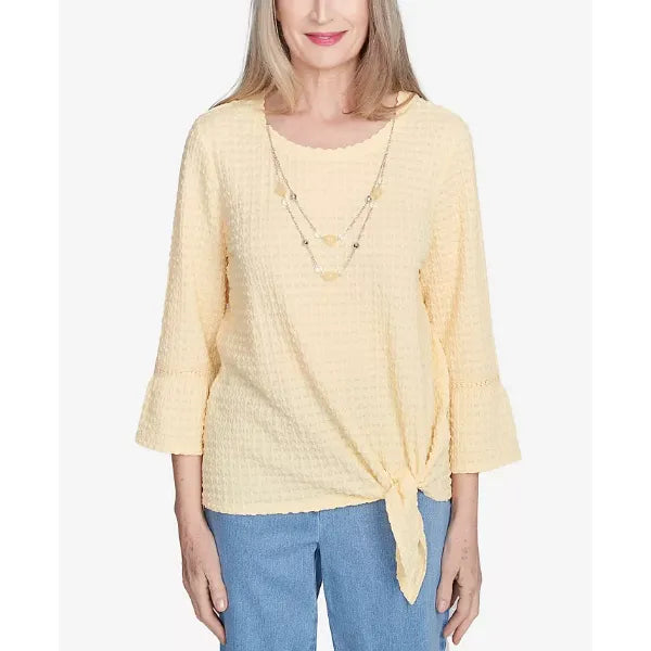 Alfred Dunner Petite Flower Power Tie Front Textured Top with Necklace, Buttercup