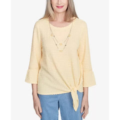 Alfred Dunner Petite Flower Power Tie Front Textured Top with Necklace, Buttercup