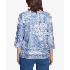 Alfred Dunner Petite Flower Power Lacey Floral Patchwork Crew Neck Top, Blue