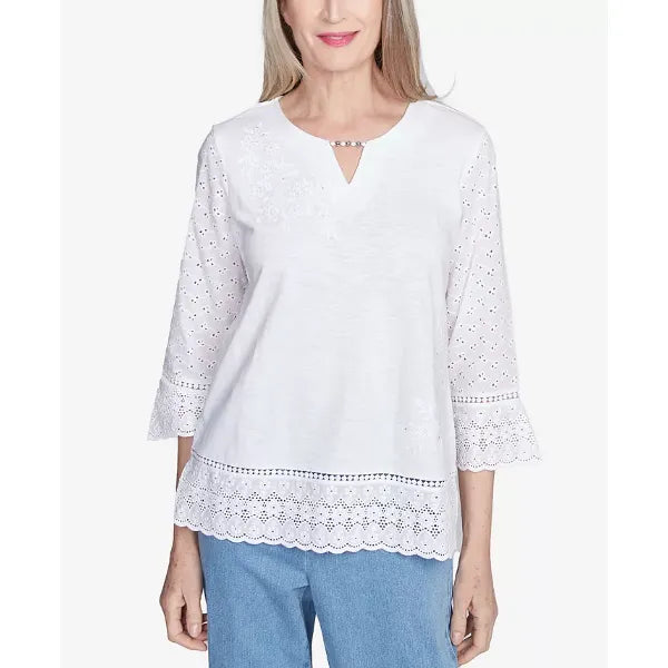 Alfred Dunner Petite Flower Power Floral Embroidered Eyelet Trim Top, White, Size PS