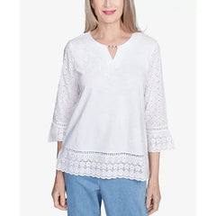 Alfred Dunner Petite Flower Power Floral Embroidered Eyelet Trim Top, White, Size PS