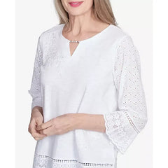 Alfred Dunner Petite Flower Power Floral Embroidered Eyelet Trim Top, White, Size PS