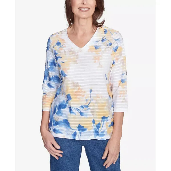 Alfred Dunner Petite Flower Power Floral Textured V Neck Top, Multi Blue