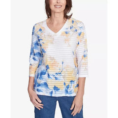 Alfred Dunner Petite Flower Power Floral Textured V Neck Top, Multi Blue