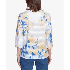Alfred Dunner Petite Flower Power Floral Textured V Neck Top, Multi Blue