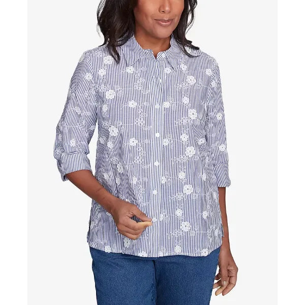 Alfred Dunner Petite Flower Power Striped Breezy Floral Applique Top, Size PS