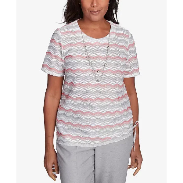 Alfred Dunner Petite Estate of Mind Chevron Shimmer Top with Necklace, Multi Pink