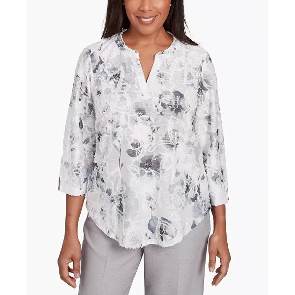Alfred Dunner Petite Estate of Mind Monotone Floral Jacquard Top, Dove Grey, Size PS