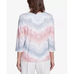 Alfred Dunner Petite Estate of Mind Chevron Lacey Three Quarter Sleeve Top, Multi Pink