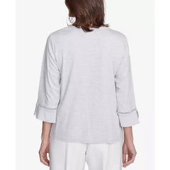 Alfred Dunner Petite Estate of Mind Embroidered Scroll Bell Sleeve Top, Dove Grey