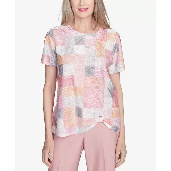 Alfred Dunner Petite Estate of Mind Textured Colorblock Crew Neck Top, Multi Pink, Size PS