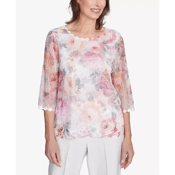 Alfred Dunner Petite Estate of Mind Floral Mesh Watercolor Top, Multi Pink