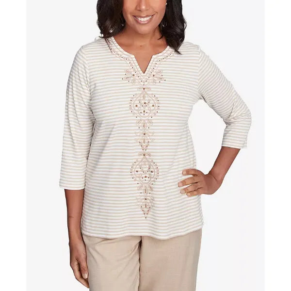 Alfred Dunner Petite Catalina Island Bold Medallion Stripe Top, Linen