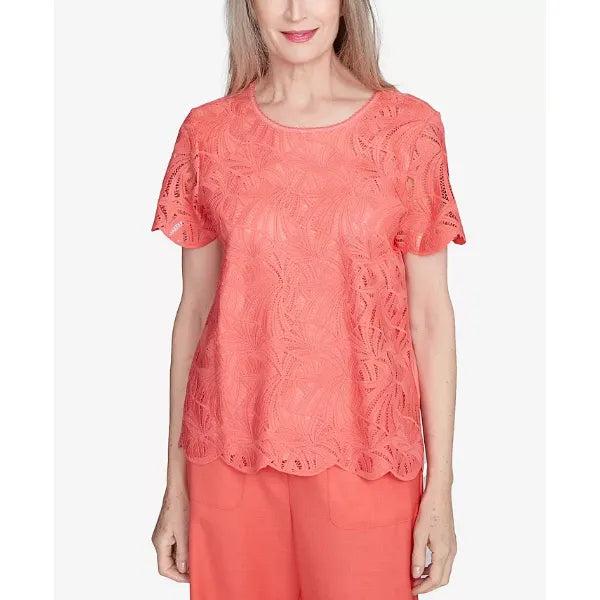 Alfred Dunner Petite Catalina Island Lace Trimmed Textured Top, Tangerine